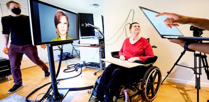 A brain-computer interface translates the study participant’s brain signals into the speech and facial movements of an animated avatar. (Credit: Noah Berger) A brain-computer interface translates the study participant’s brain signals into the speech and facial movements of an animated avatar. (Credit: Noah Berger)