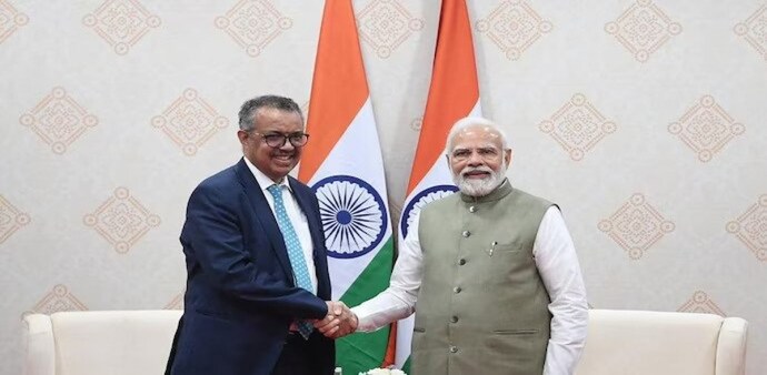 Prime Minister Narendra Modi with WHO Chief Dr Tedros Adhanom Ghebreyesus. Prime Minister Narendra Modi with WHO Chief Dr Tedros Adhanom Ghebreyesus.