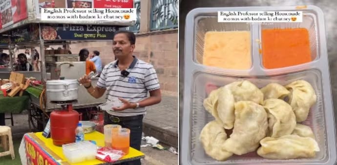 The video caption reads, “English Professor selling Homemade momos with badam ki chutney & Schezwan sauce || 2 ghante me bech dete hai saare momos" The video caption reads, “English Professor selling Homemade momos with badam ki chutney & Schezwan sauce || 2 ghante me bech dete hai saare momos"