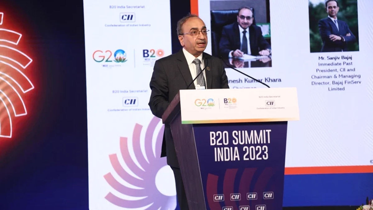 SBI Chairman Dinesh Kumar Khara at B20 summit on Friday. SBI Chairman Dinesh Kumar Khara at B20 summit on Friday.