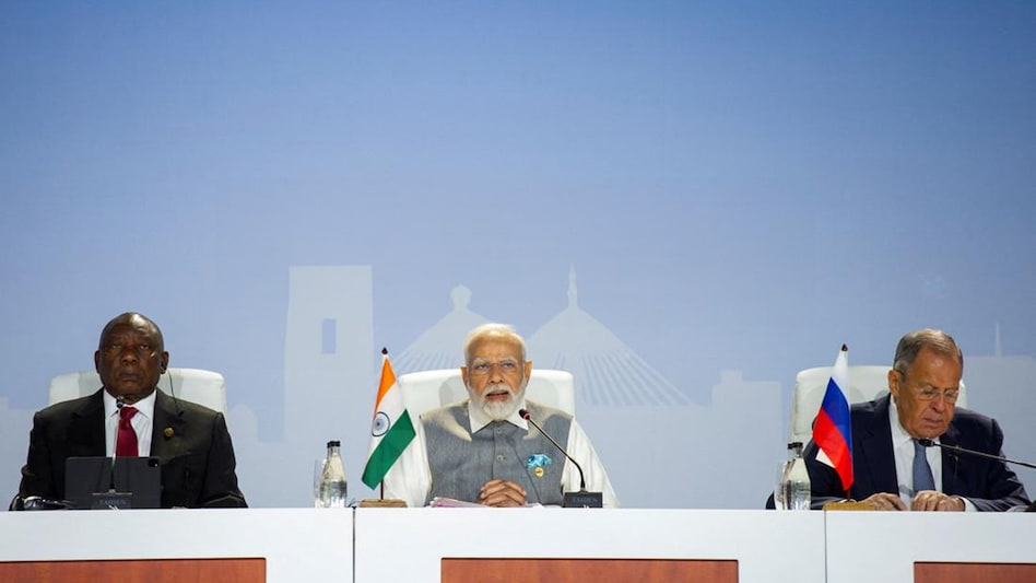 South Africa's President Cyril Ramaphosa, PM Narendra Modi and Russia's Foreign Minister Sergei Lavrov in Johannesburg. South Africa's President Cyril Ramaphosa, PM Narendra Modi and Russia's Foreign Minister Sergei Lavrov in Johannesburg.