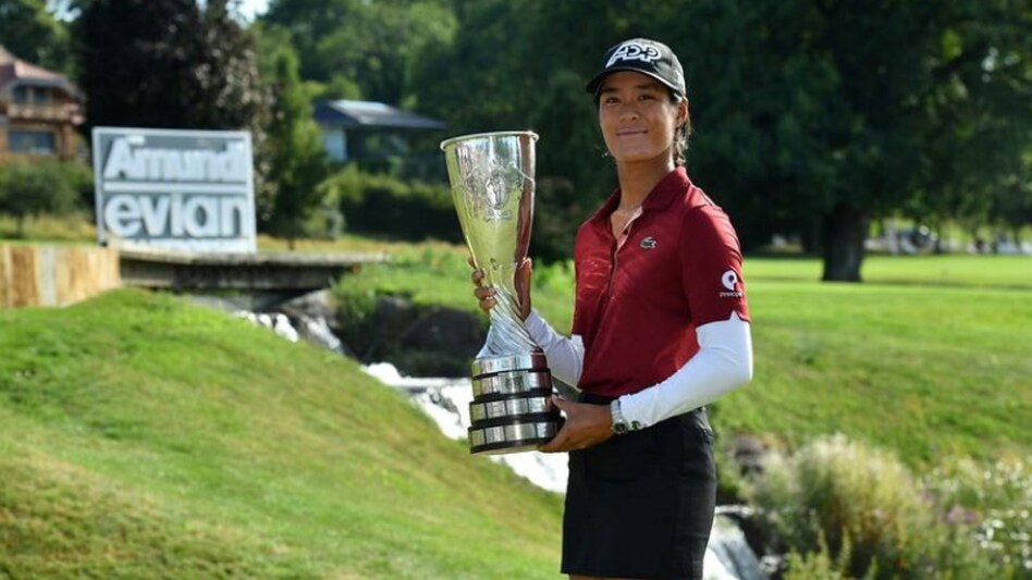 Celine Boutier of France with the Amundi Evian Championship trophy at Evian-les-Bains on Sunday. It was her first major title and came with a six-shot victory margin. Image courtesy let.com Celine Boutier of France with the Amundi Evian Championship trophy at Evian-les-Bains on Sunday. It was her first major title and came with a six-shot victory margin. Image courtesy let.com