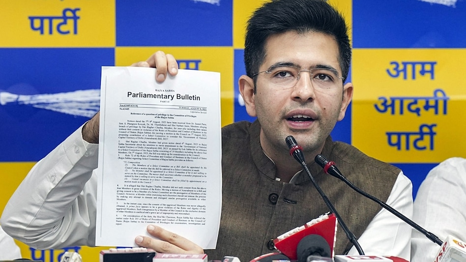 AAP MP Raghav Chadha suspended from Rajya Sabha over signatures forgery allegations AAP MP Raghav Chadha suspended from Rajya Sabha over signatures forgery allegations