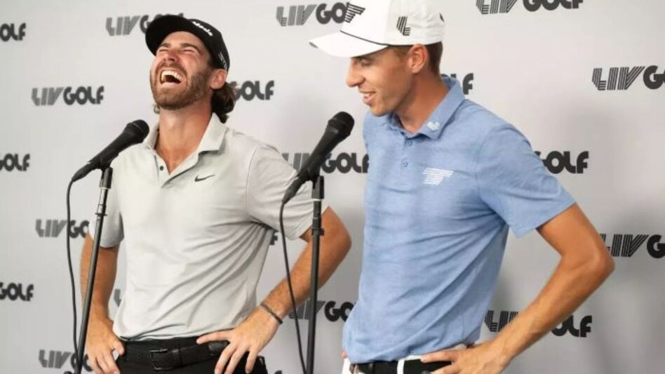Day two LIV Golf Greenbrier co-leaders Matthew Wolff (left) and David Puig address the media after play on Saturday. Image courtesy livgolf.com. Day two LIV Golf Greenbrier co-leaders Matthew Wolff (left) and David Puig address the media after play on Saturday. Image courtesy livgolf.com.