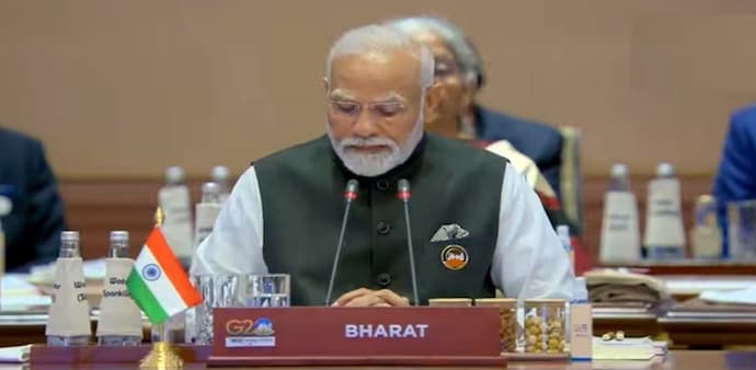 The nameplate reads Bharat as PM Narendra Modi addresses the global leaders at Session-1 on 'One Earth' during the G20 Summit at the Bharat Mandapam convention Centre on Saturday. The nameplate reads Bharat as PM Narendra Modi addresses the global leaders at Session-1 on 'One Earth' during the G20 Summit at the Bharat Mandapam convention Centre on Saturday.