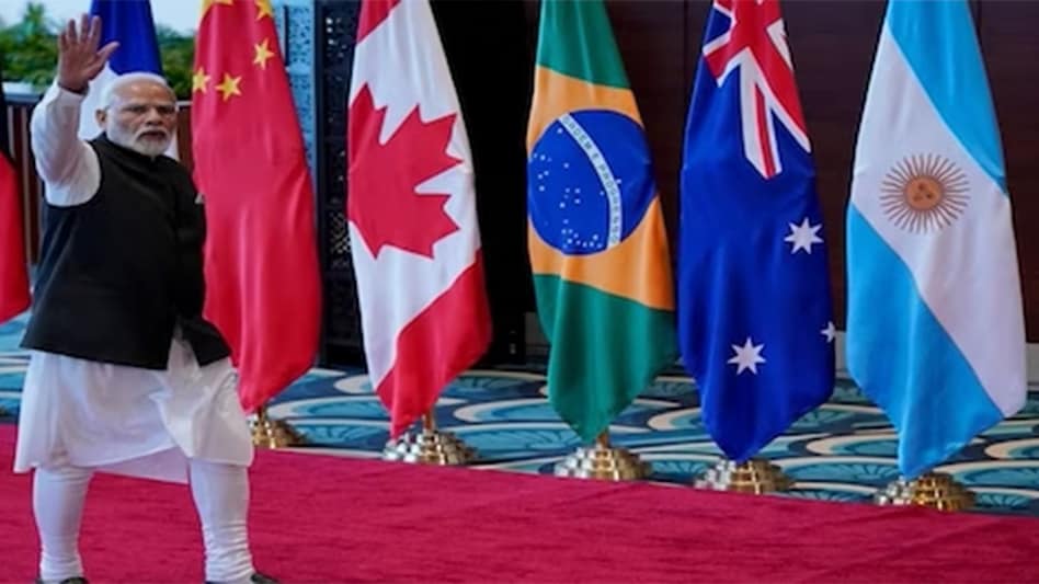 Prime Minister Narendra Modi at the Bharat Mandapam in New Delhi on Saturday. Prime Minister Narendra Modi at the Bharat Mandapam in New Delhi on Saturday.