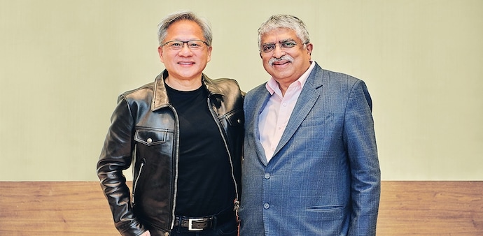 Nvidia founder and CEO Jensen Huang with Infosys co-founder and chairman Nandan Nilekani Nvidia founder and CEO Jensen Huang with Infosys co-founder and chairman Nandan Nilekani
