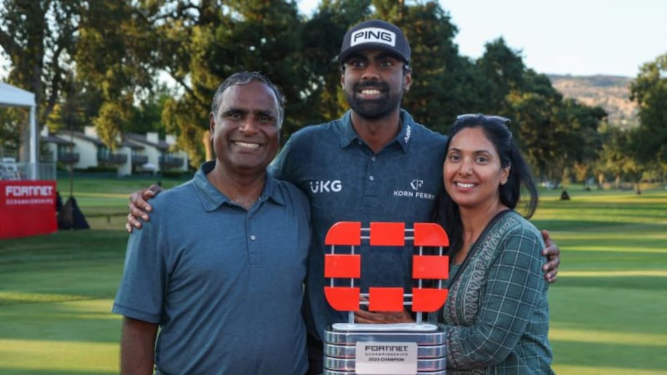 Sahith Theegala with his parents Muralidhar and Karuna. Image courtesy PGA Tour/Getty Images Sahith Theegala with his parents Muralidhar and Karuna. Image courtesy PGA Tour/Getty Images