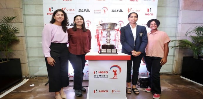 Indian women golf stars Gaurika Bishnoi, Jahanvi Bakshi, Diksha Dagar and Hitaashee Bakshi with the Hero Women's Indian Open trophy at the event launch in New Delhi on Friday. Indian women golf stars Gaurika Bishnoi, Jahanvi Bakshi, Diksha Dagar and Hitaashee Bakshi with the Hero Women's Indian Open trophy at the event launch in New Delhi on Friday.