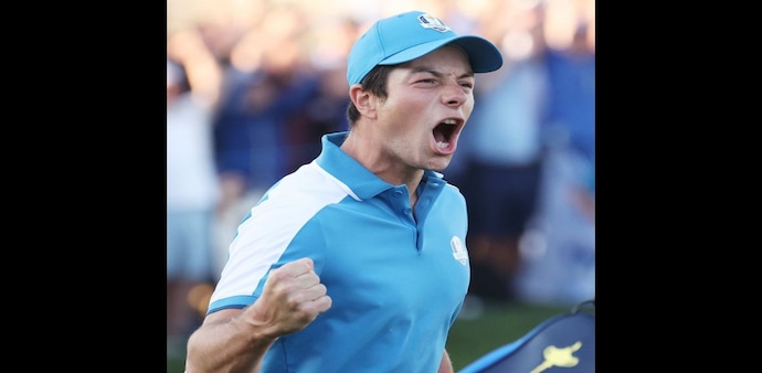 Norway’s Viktor Hovland celebrates his match-tying 18th hole putt in the afternoon session of the 2023 Ryder Cup’s opening day action in Rome on Friday. Image courtesy Twitter. Norway’s Viktor Hovland celebrates his match-tying 18th hole putt in the afternoon session of the 2023 Ryder Cup’s opening day action in Rome on Friday. Image courtesy Twitter.