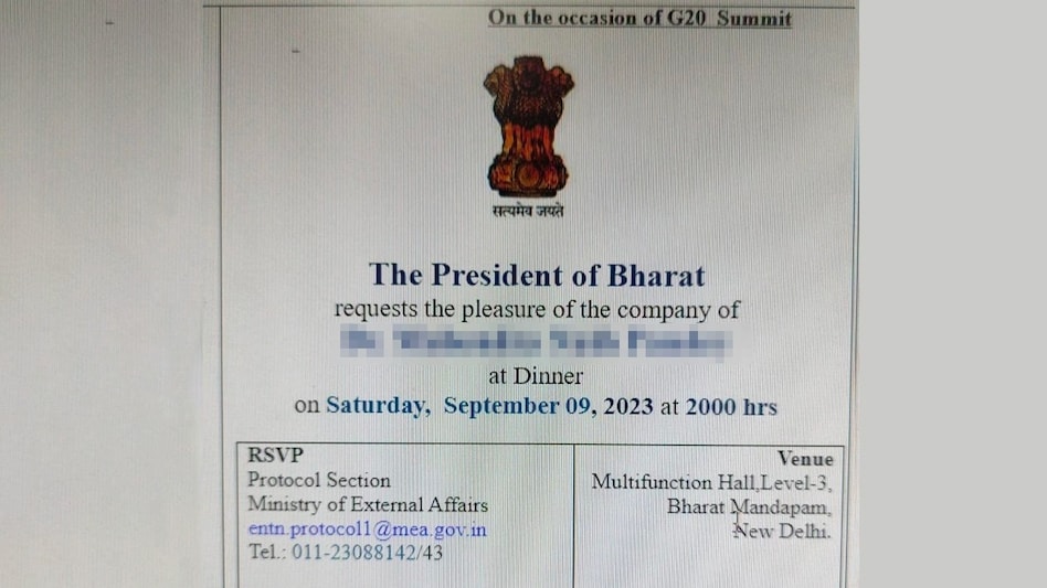 The invitation cards for a G20 dinner issued from Rashtrapati Bhawan mentioned 'President of Bharat'. The invitation cards for a G20 dinner issued from Rashtrapati Bhawan mentioned 'President of Bharat'.