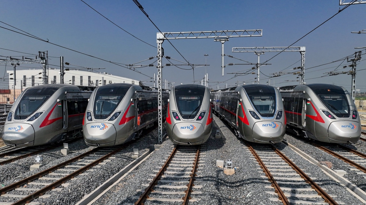 Trains of the Delhi-Meerut Regional Rapid Transit System (RRTS) ahead of the inauguration of a priority section of RRTS between Duhai and Sahibabad, covering 17 kms, by Prime Minister Narendra Modi. (PTI Photo) Trains of the Delhi-Meerut Regional Rapid Transit System (RRTS) ahead of the inauguration of a priority section of RRTS between Duhai and Sahibabad, covering 17 kms, by Prime Minister Narendra Modi. (PTI Photo)