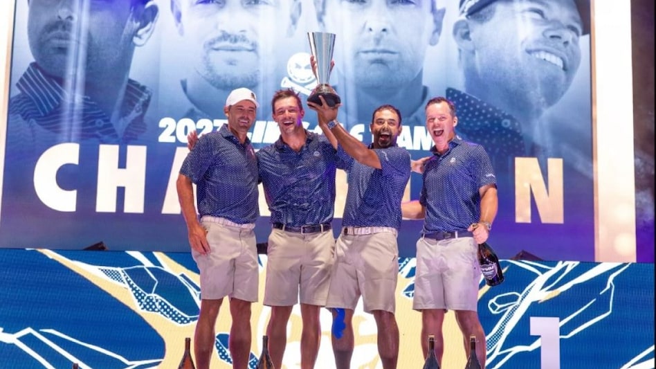 Crushers GC members (from left) Charles Howell III, team captain Bryson Dechambeau, finals star performer Anirban Lahiri and Paul Casey with the LIV Golf team championship trophy in Miami on Sunday. Image courtesy livgolf.com. Crushers GC members (from left) Charles Howell III, team captain Bryson Dechambeau, finals star performer Anirban Lahiri and Paul Casey with the LIV Golf team championship trophy in Miami on Sunday. Image courtesy livgolf.com.