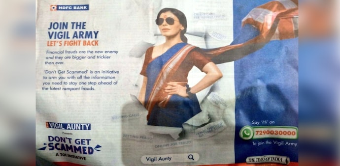 The bank roped in actor Anuradha Menon as Vigil Aunty for the cyber fraud awareness campaign. . The bank roped in actor Anuradha Menon as Vigil Aunty for the cyber fraud awareness campaign. .