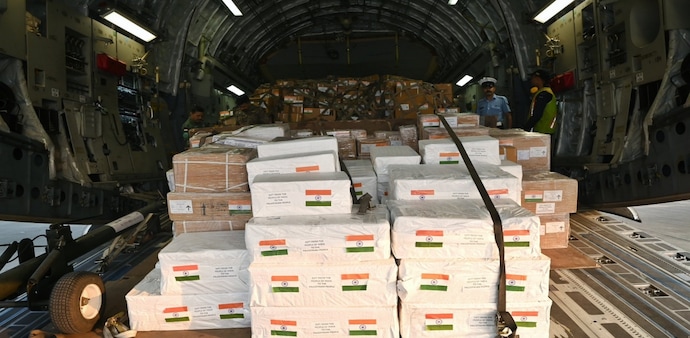An IAF C-17 flight carrying nearly 6.5 tonnes of medical aid and 32 tonnes of disaster relief material for El-Arish airport in Egypt An IAF C-17 flight carrying nearly 6.5 tonnes of medical aid and 32 tonnes of disaster relief material for El-Arish airport in Egypt