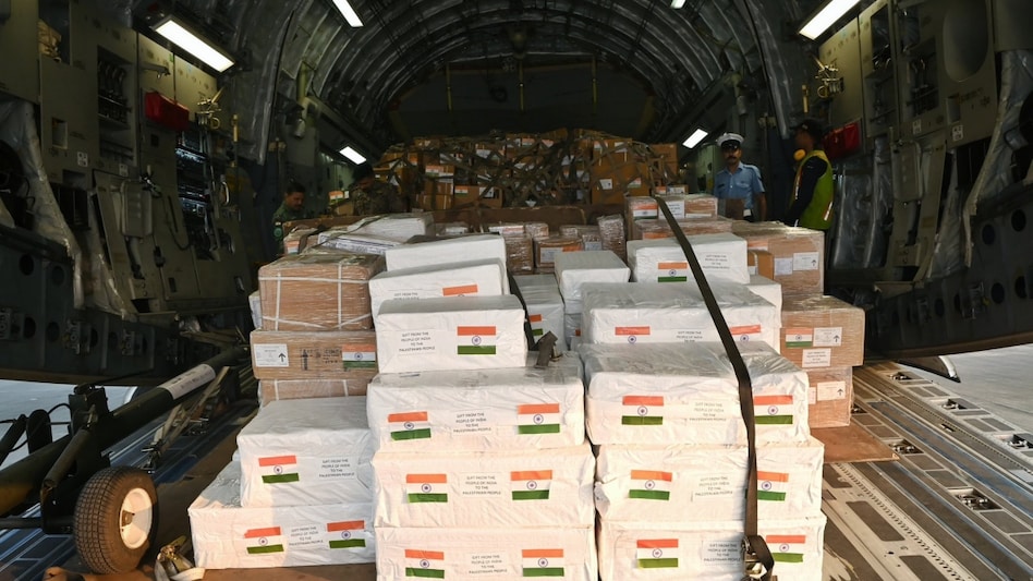 An IAF C-17 flight carrying nearly 6.5 tonnes of medical aid and 32 tonnes of disaster relief material for El-Arish airport in Egypt An IAF C-17 flight carrying nearly 6.5 tonnes of medical aid and 32 tonnes of disaster relief material for El-Arish airport in Egypt