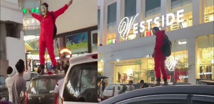 A man dressed in a 'Money Heist' costume showered money on the streets of Jaipur A man dressed in a 'Money Heist' costume showered money on the streets of Jaipur