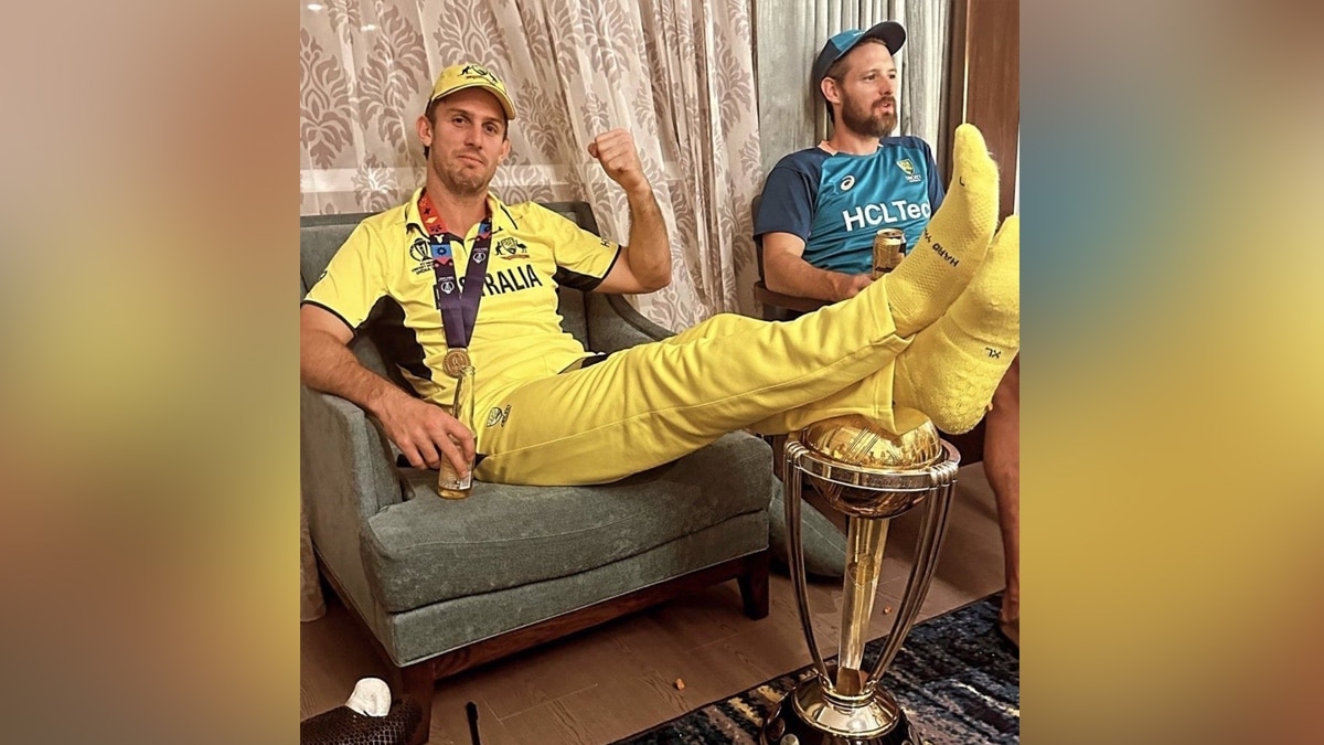Cummins shared the picture, which was likely taken in the hotel room, hours after Australia lifted the World Cup trophy for the sixth time on Sunday Cummins shared the picture, which was likely taken in the hotel room, hours after Australia lifted the World Cup trophy for the sixth time on Sunday