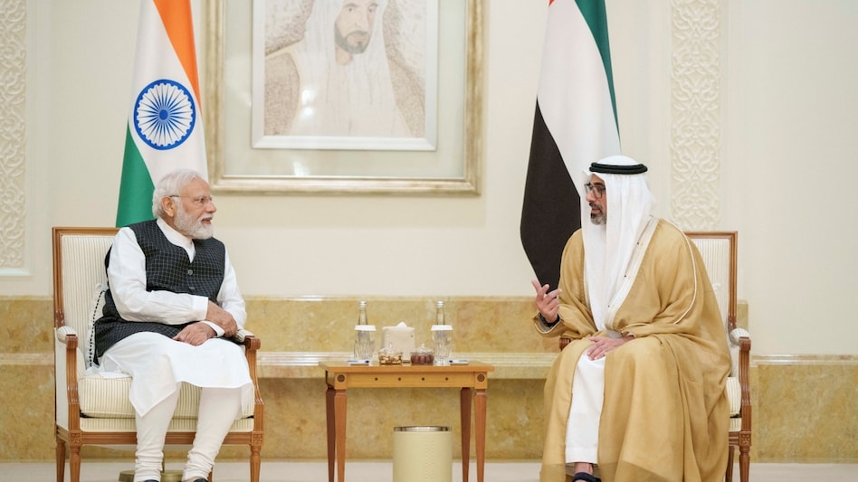 Sheikh Khaled bin Mohamed bin Zayed Al Nahyan, Crown Prince of Abu Dhabi, meets Indian Prime Minister Narendra Modi during his official visit in Abu Dhabi. Sheikh Khaled bin Mohamed bin Zayed Al Nahyan, Crown Prince of Abu Dhabi, meets Indian Prime Minister Narendra Modi during his official visit in Abu Dhabi.