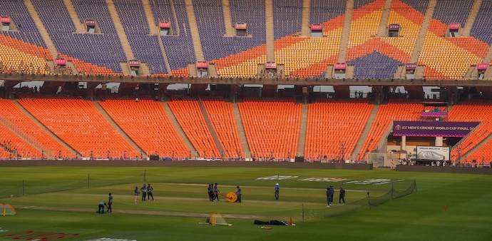 India captain Rohit Sharma and head coach Rahul Dravid on Friday inspected the pitch at the Narendra Modi Stadium in Ahmedabad. India captain Rohit Sharma and head coach Rahul Dravid on Friday inspected the pitch at the Narendra Modi Stadium in Ahmedabad.