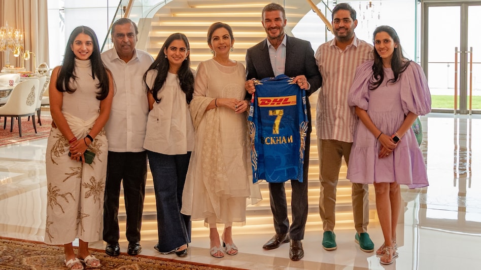 Nita Ambani, Mukesh Ambani and family hosted football legend David Beckham at their residence in Mumbai today Nita Ambani, Mukesh Ambani and family hosted football legend David Beckham at their residence in Mumbai today