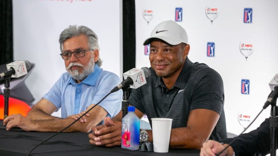 Hero MotoCorp’s Dr Pawan Munjal and tournament host Tiger Woods at the event launch in Albany on Tuesday. Image courtesy heroworldchallenge,com Hero MotoCorp’s Dr Pawan Munjal and tournament host Tiger Woods at the event launch in Albany on Tuesday. Image courtesy heroworldchallenge,com