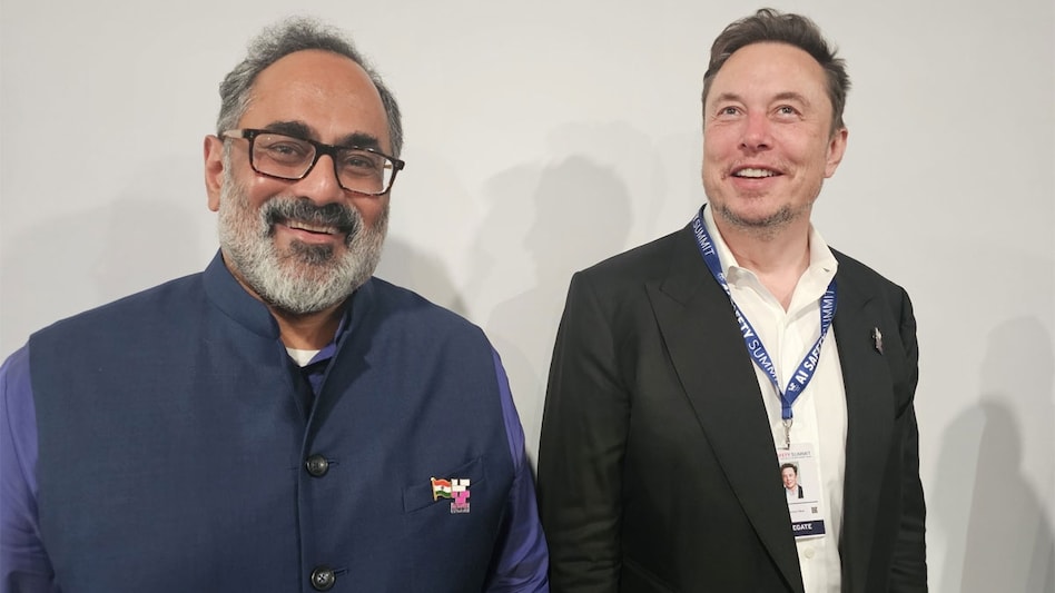 Rajeev Chandrasekhar with Elon Musk at AI Safety Summit at Bletchley Park, UK. Rajeev Chandrasekhar with Elon Musk at AI Safety Summit at Bletchley Park, UK.