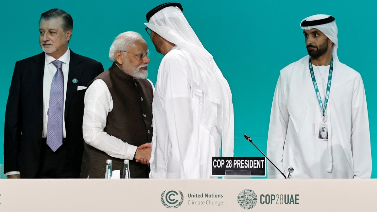 United Arab Emirates Minister of Industry and Advanced Technology and COP28 President Sultan Ahmed Al Jaber and India's Prime Minister Narendra Modi shake hands during national statements at COP28 United Arab Emirates Minister of Industry and Advanced Technology and COP28 President Sultan Ahmed Al Jaber and India's Prime Minister Narendra Modi shake hands during national statements at COP28