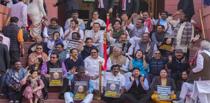 Suspended Opposition MPs outside the Parliament building. Suspended Opposition MPs outside the Parliament building.
