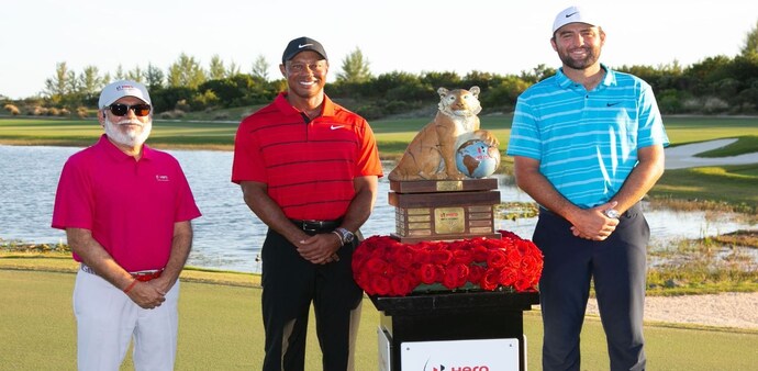 Hero MotoCorp executive chairman Dr Pawan Munjal, Tiger Woods and 2023 Hero World Challenge winner Scottie Scheffler with the Tiger Trophy at Albany on Sunday. Hero MotoCorp executive chairman Dr Pawan Munjal, Tiger Woods and 2023 Hero World Challenge winner Scottie Scheffler with the Tiger Trophy at Albany on Sunday.