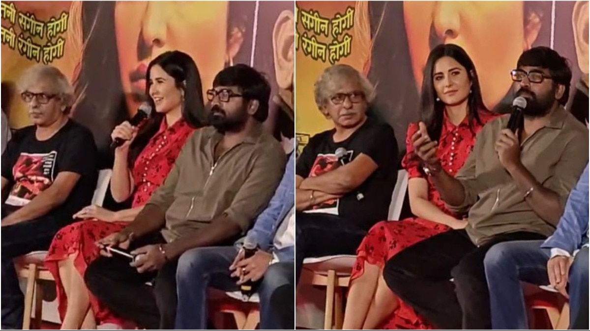 Vijay Sethupathi, Katrina Kaif and Sriram Raghavan in 'Merry Christmas' press conference. Vijay Sethupathi, Katrina Kaif and Sriram Raghavan in 'Merry Christmas' press conference.