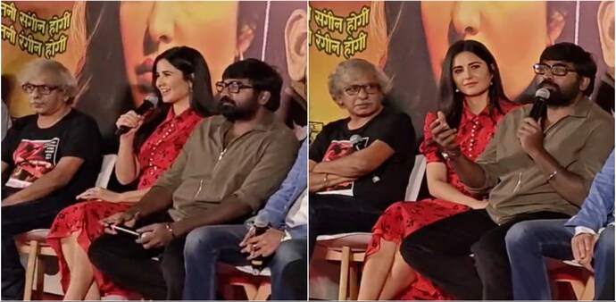 Vijay Sethupathi, Katrina Kaif and Sriram Raghavan in 'Merry Christmas' press conference. Vijay Sethupathi, Katrina Kaif and Sriram Raghavan in 'Merry Christmas' press conference.