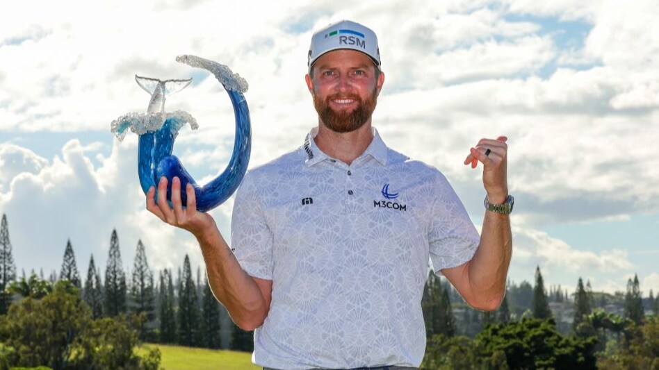 Chris Kirk of the US with his season-opening trophy at Kapalua on Sunday. Image courtesy PGA Tour/Getty Images Chris Kirk of the US with his season-opening trophy at Kapalua on Sunday. Image courtesy PGA Tour/Getty Images