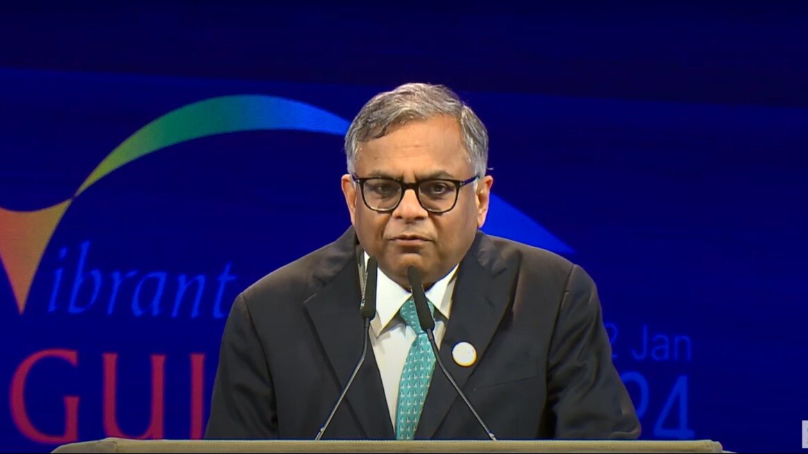 Tata's N Chandrasekaran delivers his speech at Vibrant Gujarat Summit 2024 Tata's N Chandrasekaran delivers his speech at Vibrant Gujarat Summit 2024
