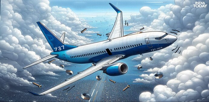 An illustrative image of a Boeing 737 MAX with loose bolts and a door missing An illustrative image of a Boeing 737 MAX with loose bolts and a door missing