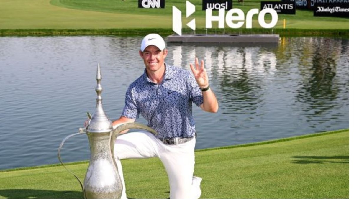 World number two Rory McIlroy with his 2023 Hero Dubai Desert Classic trophy at the Emirates Golf Club. Image courtesy europeantour.com. World number two Rory McIlroy with his 2023 Hero Dubai Desert Classic trophy at the Emirates Golf Club. Image courtesy europeantour.com.