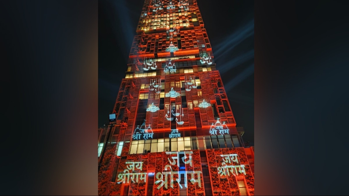 Antilia lit up with 'Jai Shri Ram' slogans ahead of Ram Mandir inauguration in Ayodhya (Image: Sahil Joshi) Antilia lit up with 'Jai Shri Ram' slogans ahead of Ram Mandir inauguration in Ayodhya (Image: Sahil Joshi)