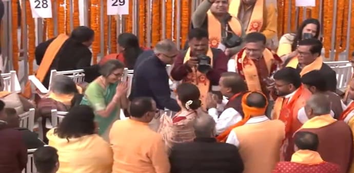 Mukesh Ambani on Monday met with Tata Sons chairman N Chandrasekaran during the 'Pran Pratishtha' ceremony of Ram Mandir in Ayodhya Mukesh Ambani on Monday met with Tata Sons chairman N Chandrasekaran during the 'Pran Pratishtha' ceremony of Ram Mandir in Ayodhya