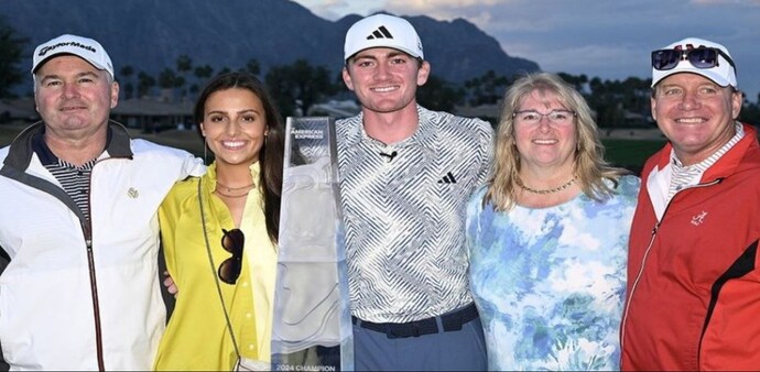 Team Dunlap with The American Express Trophy at La Qunita in California on Sunday. Image courtesy PGA Tour/X. Team Dunlap with The American Express Trophy at La Qunita in California on Sunday. Image courtesy PGA Tour/X.