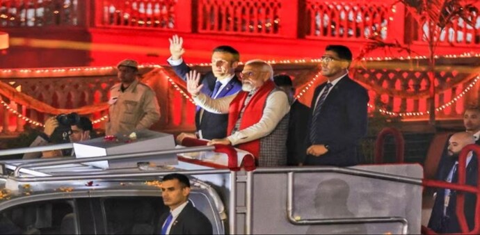 French President Emmanuel Macron arrived in Jaipur on Thursday and later took part in a roadshow with PM Narendra Modi. French President Emmanuel Macron arrived in Jaipur on Thursday and later took part in a roadshow with PM Narendra Modi.