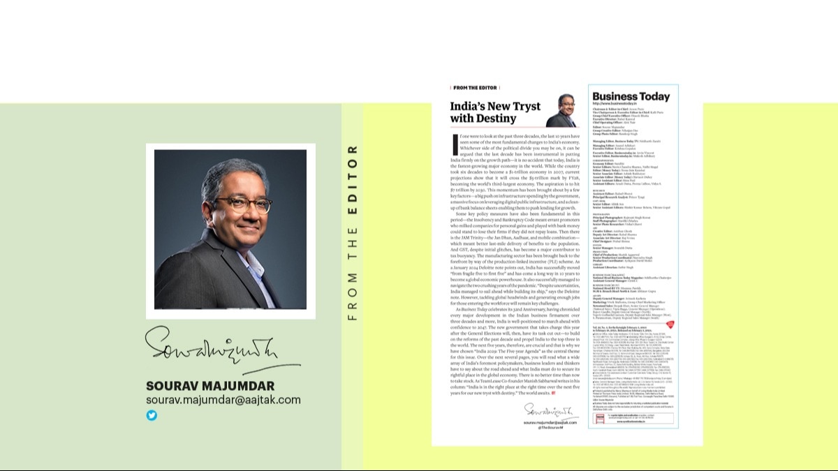As Business Today celebrates its 32nd Anniversary, having chronicled every major development in the Indian business firmament over three decades and more, India is well-positioned to march ahead with confidence to 2047. As Business Today celebrates its 32nd Anniversary, having chronicled every major development in the Indian business firmament over three decades and more, India is well-positioned to march ahead with confidence to 2047.