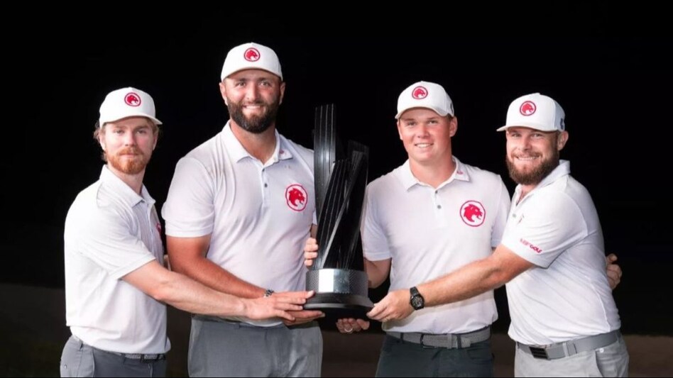 Members of the debut-making Legion XIII (from left) Keiran Vincent, captain Jon Rahm, rookie pro Caleb Surrat and Tyrell Hatton with the team trophy at Mayakoba in Mexico on Sunday. Image courtesy livgolf.com. Members of the debut-making Legion XIII (from left) Keiran Vincent, captain Jon Rahm, rookie pro Caleb Surrat and Tyrell Hatton with the team trophy at Mayakoba in Mexico on Sunday. Image courtesy livgolf.com.