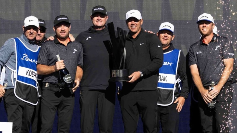 Members of the winning Smash GC team and their caddies on the victory step of the LIV Golf Las Vegas podium on Saturday. Image courtesy livgolf.com. Members of the winning Smash GC team and their caddies on the victory step of the LIV Golf Las Vegas podium on Saturday. Image courtesy livgolf.com.