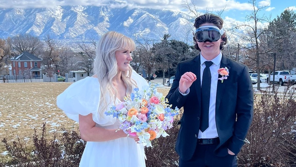 Groom wearing Apple Vision Pro headset Groom wearing Apple Vision Pro headset