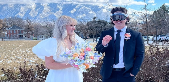 Groom wearing Apple Vision Pro headset Groom wearing Apple Vision Pro headset