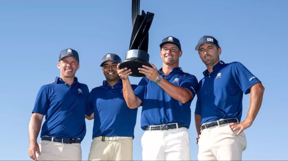 Members of the victorious Crushers GC team on the LIV Golf Jeddah podium (from left) Paul Casey, Anirban Lahiri, captain Bryson DeChambeau and Charles Howell III with the event trophy. Image courtesy livgolf.com. Members of the victorious Crushers GC team on the LIV Golf Jeddah podium (from left) Paul Casey, Anirban Lahiri, captain Bryson DeChambeau and Charles Howell III with the event trophy. Image courtesy livgolf.com.