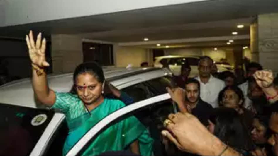 K Kavitha at her residence in Hyderabad on Friday after her arrest. K Kavitha at her residence in Hyderabad on Friday after her arrest.