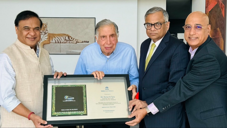 Assam CM Himanta Biswa Sarma with former Tata Group chairman Ratan Tata and Tata Sons Chairman N. Chandrasekaran on Wednesday. Assam CM Himanta Biswa Sarma with former Tata Group chairman Ratan Tata and Tata Sons Chairman N. Chandrasekaran on Wednesday.