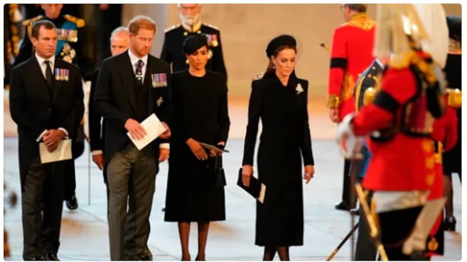Prince Harry, Meghan, Kate, Princess of Wales, at Queen Elizabeth II's funeral. Prince Harry, Meghan, Kate, Princess of Wales, at Queen Elizabeth II's funeral.