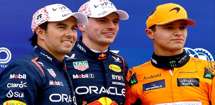 Formula One F1 - Japanese Grand Prix - Suzuka Circuit, Suzuka, Japan - April 6, 2024 Red Bull's Max Verstappen celebrates after qualifying in pole position along with second placed Red Bull's Sergio Perez and third placed McLaren's Lando Norris Formula One F1 - Japanese Grand Prix - Suzuka Circuit, Suzuka, Japan - April 6, 2024 Red Bull's Max Verstappen celebrates after qualifying in pole position along with second placed Red Bull's Sergio Perez and third placed McLaren's Lando Norris